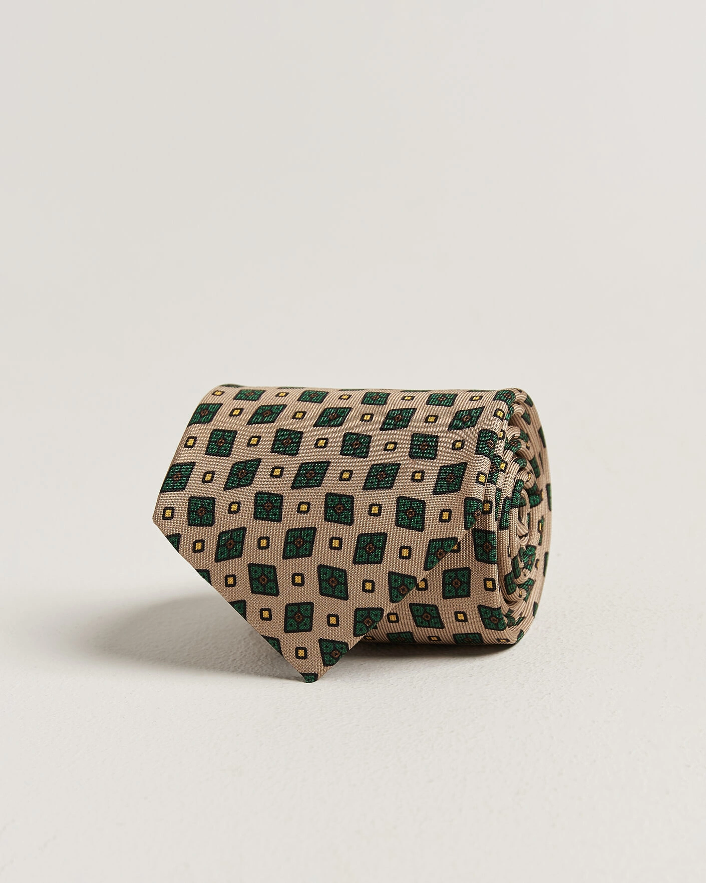 Herr | Slipsar | Drake's | Mini Diamond Dot Pattern Silk Tie Beige/Green