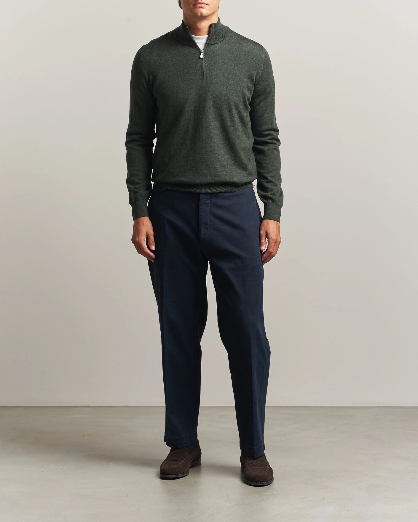 Herr | Tröjor | Gran Sasso | Merino Fashion Fit Half Zip Olive Melange