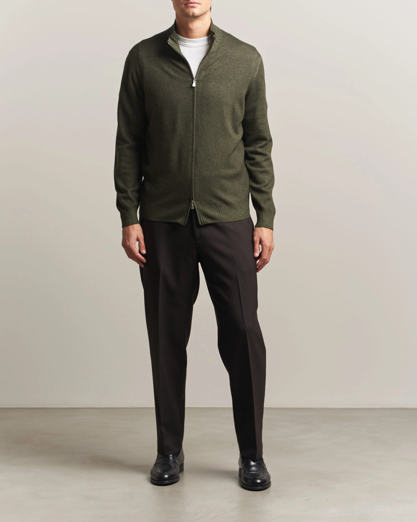 Herr | Tröjor | Gran Sasso | Wool/Cashmere Washed Full Zip Olive Melange