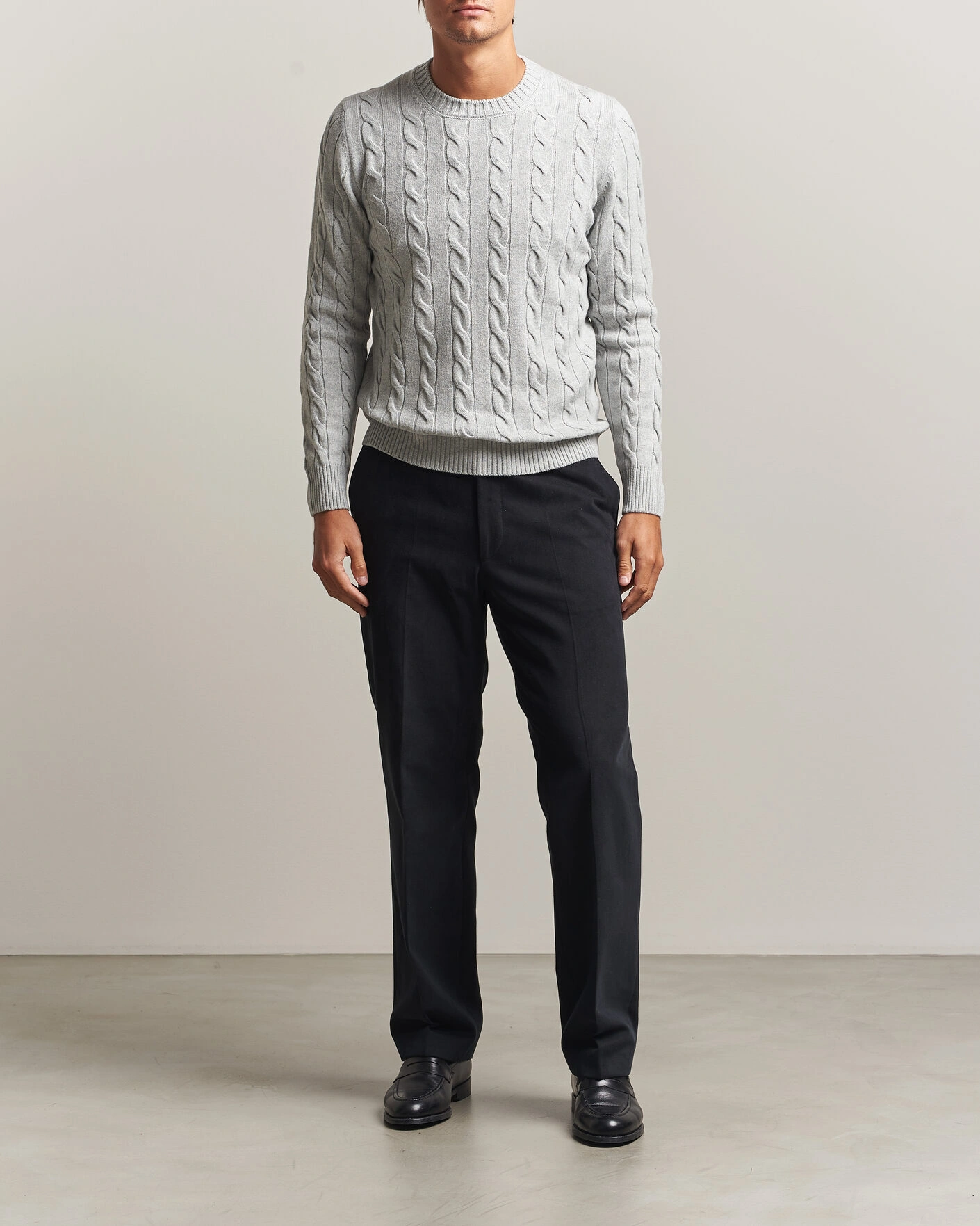Herr | Tröjor | Gran Sasso | Wool/Cashmere Cable Crew Neck Light Grey Melange