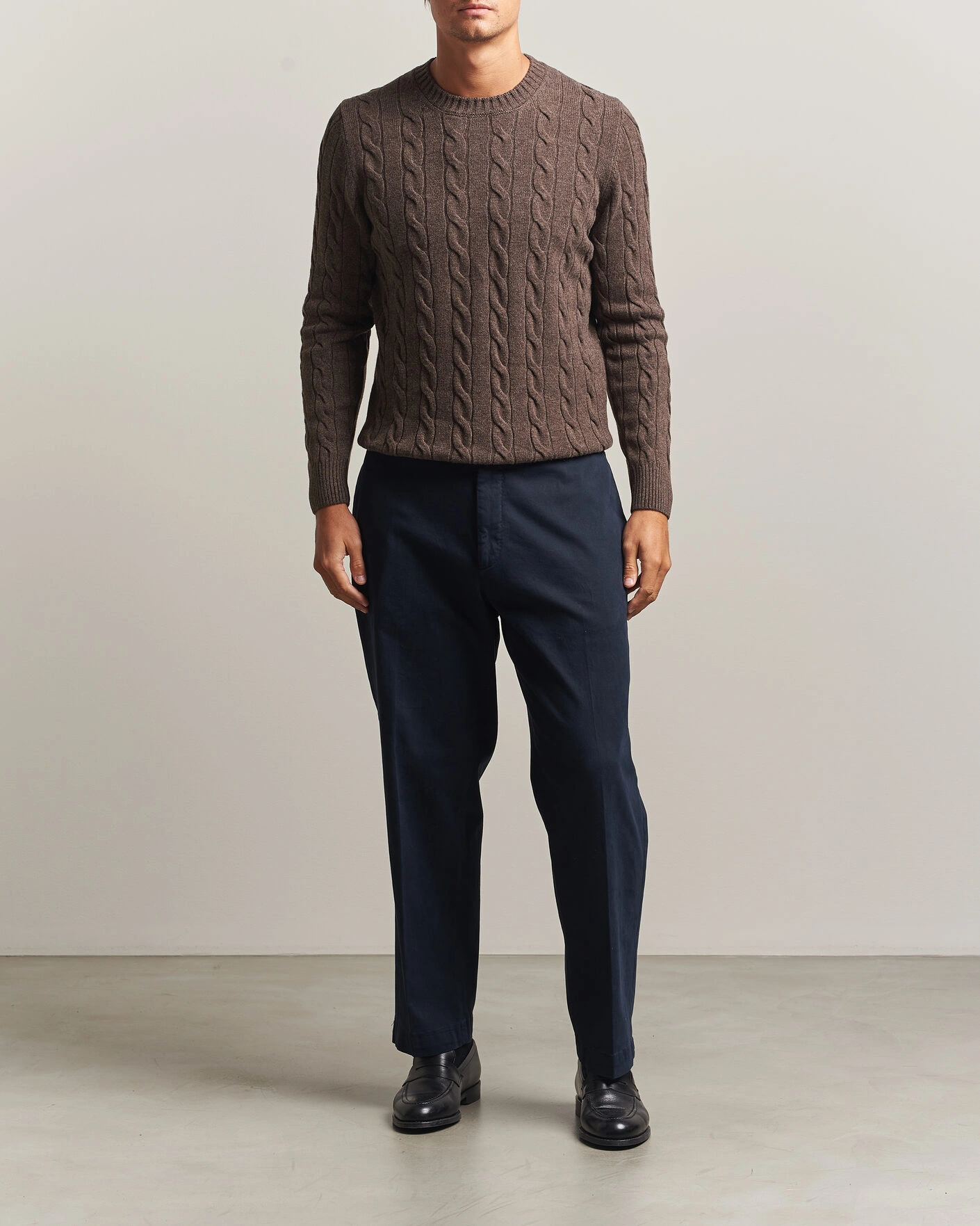 Herr | Tröjor | Gran Sasso | Wool/Cashmere Cable Crew Neck Dark Brown Melange