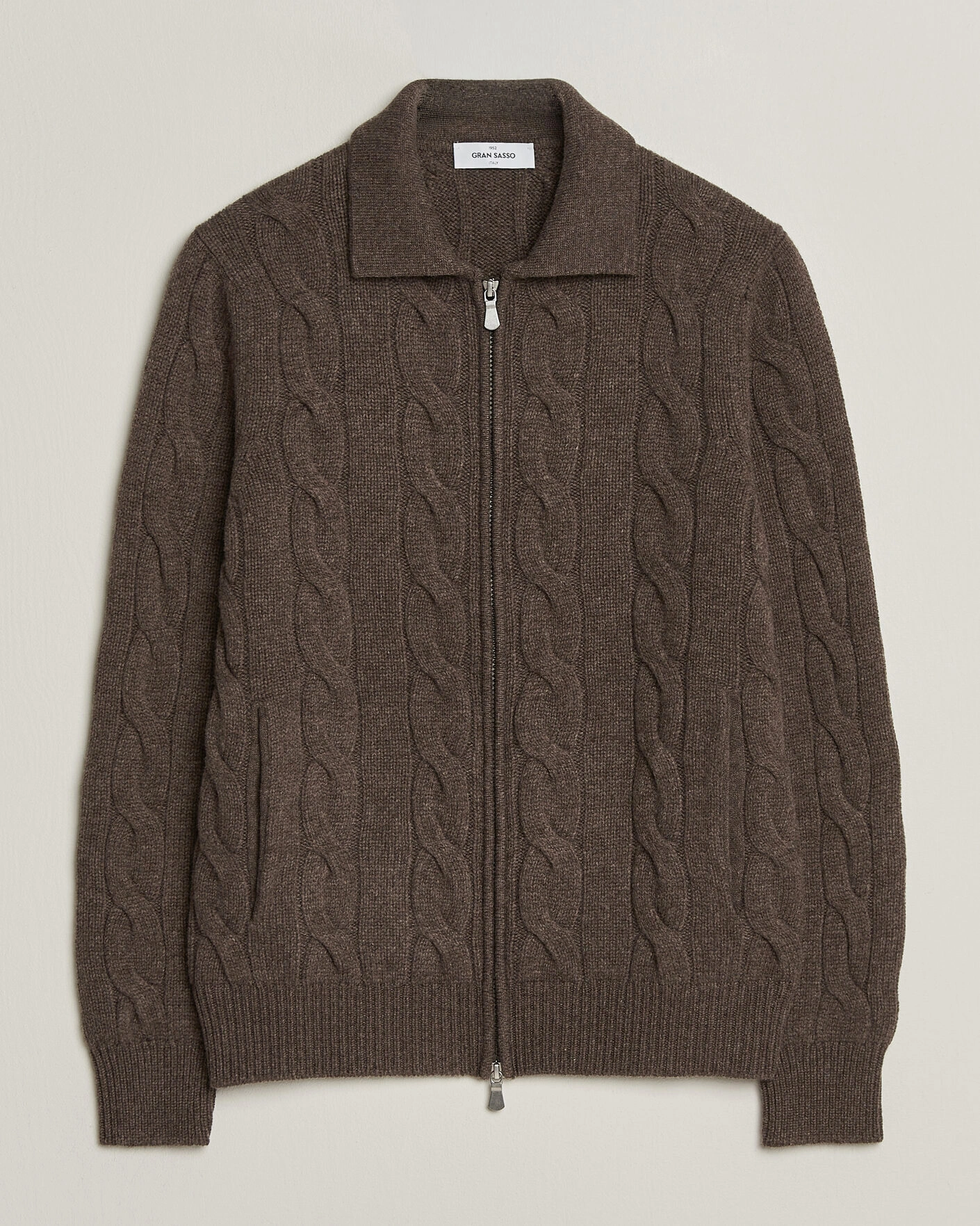 Herr | Tröjor | Gran Sasso | Wool/Cashmere Cable Full Zip Dark Brown Melange