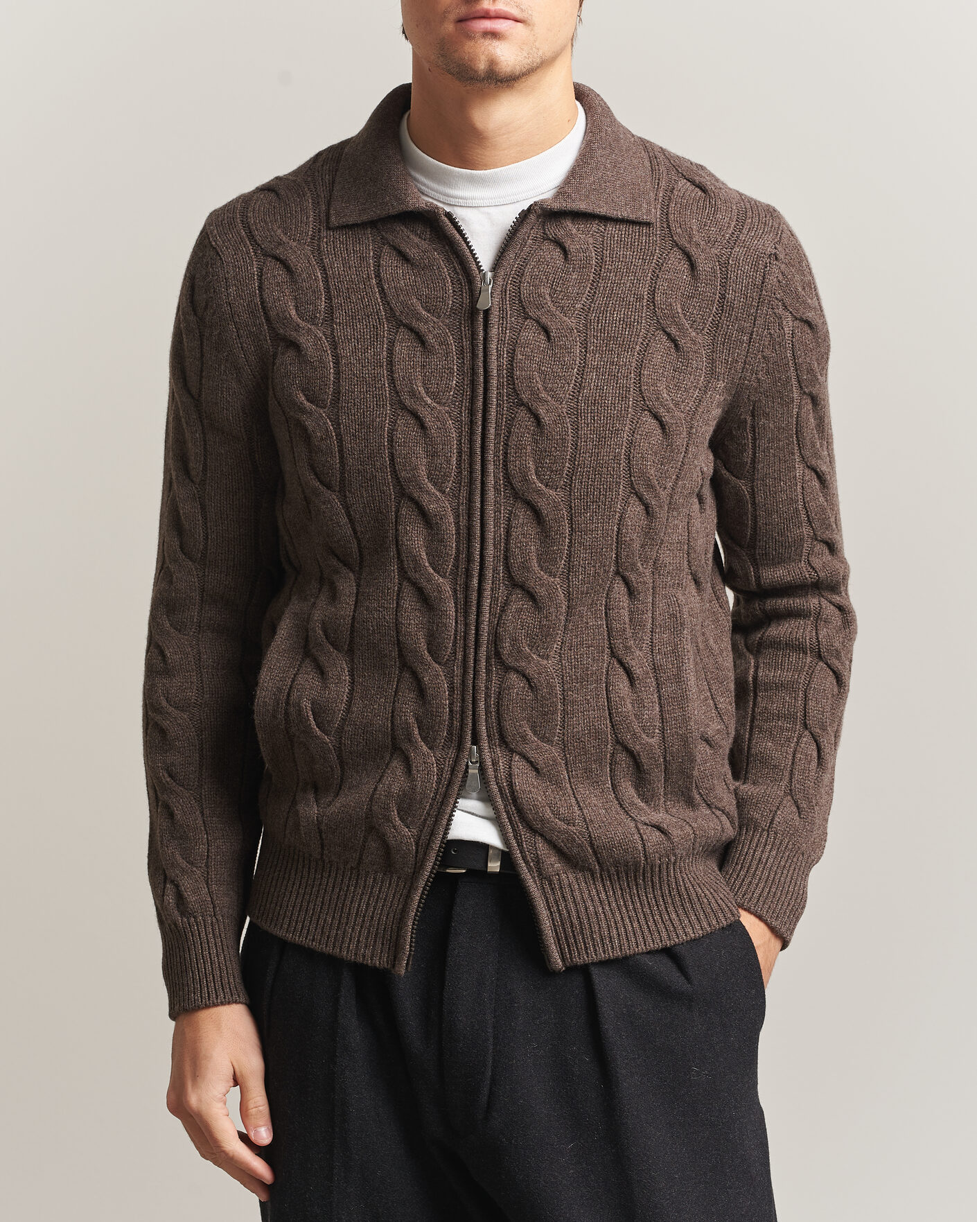 Herr | Tröjor | Gran Sasso | Wool/Cashmere Cable Full Zip Dark Brown Melange