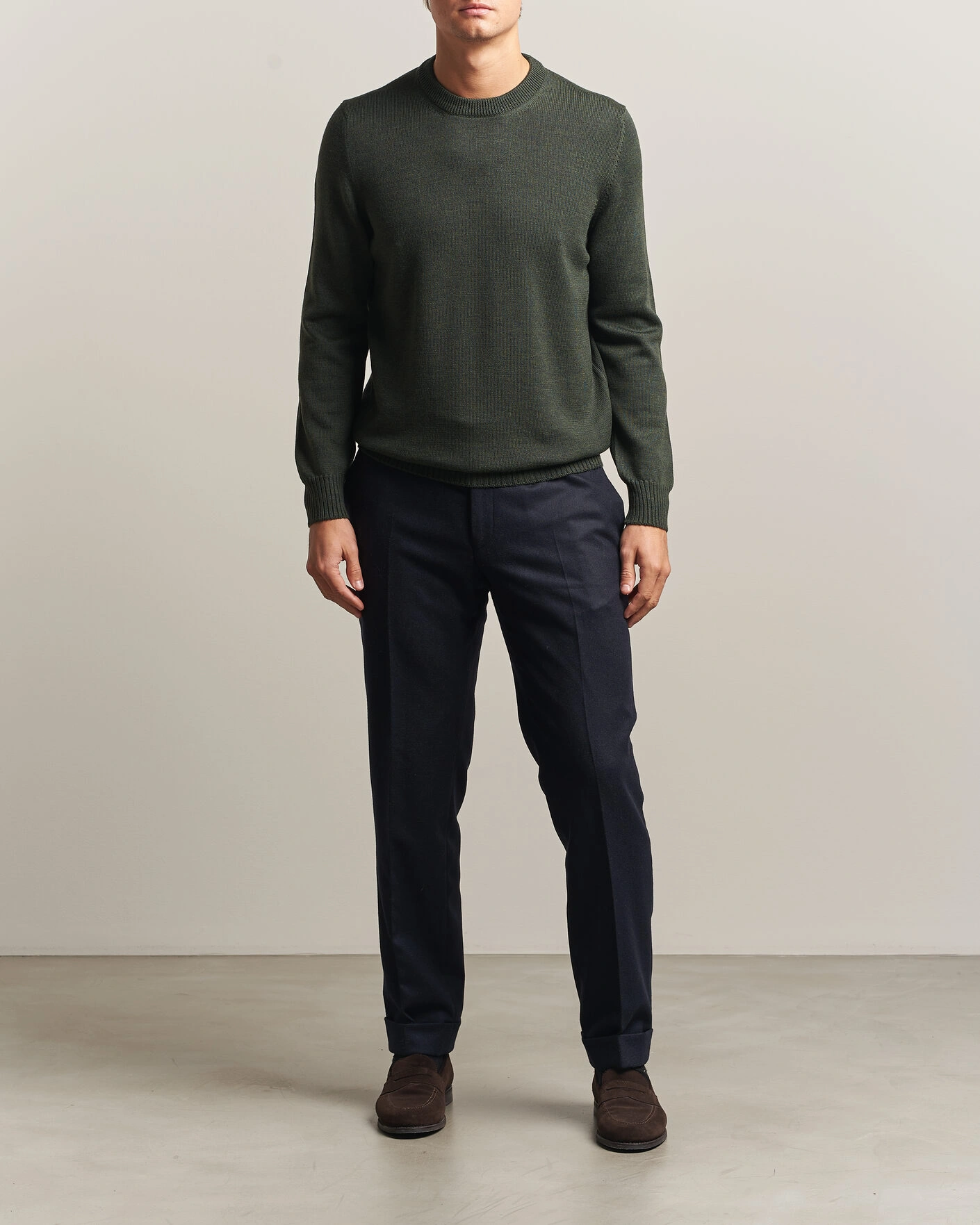 Herr | Tröjor | Gran Sasso | Merino Knitted Crew Neck Olive Melange