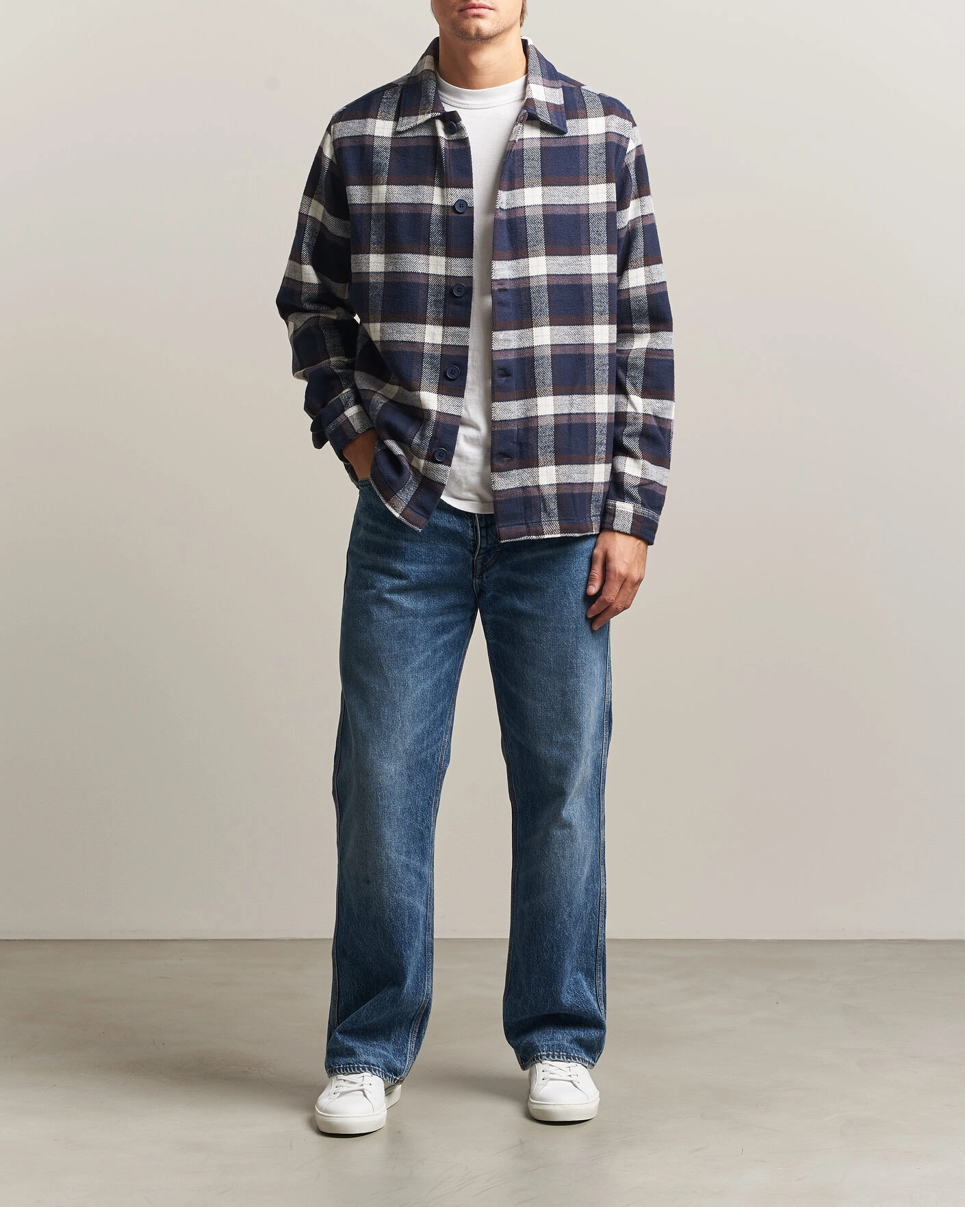 Herr | Skjortor | KnowledgeCotton Apparel | Flannel Check Overshirt Navy