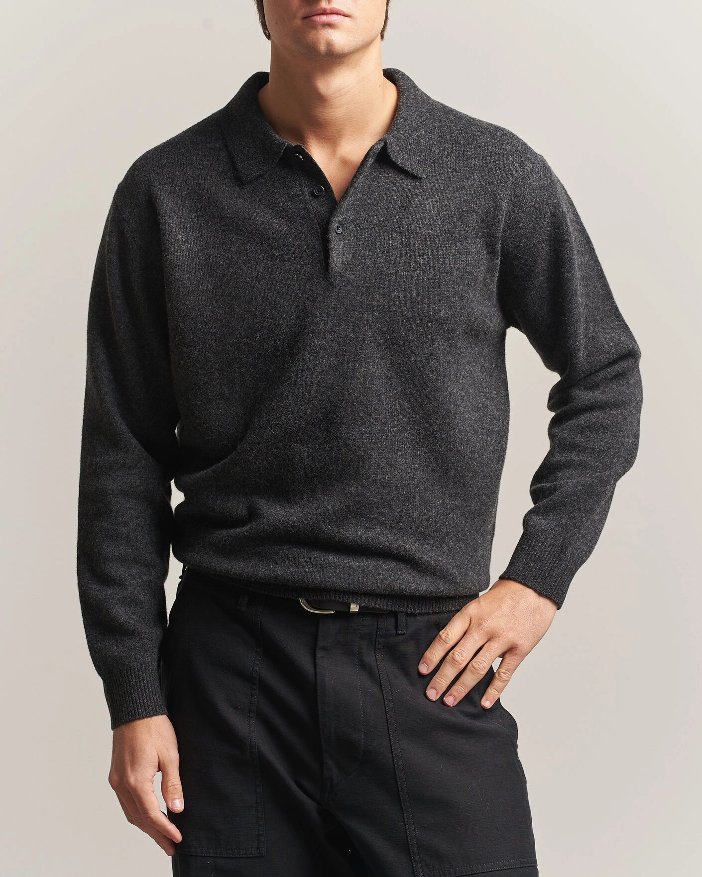 Herr | Tröjor | BEAMS PLUS | Knitted Wool Polo Charcoal
