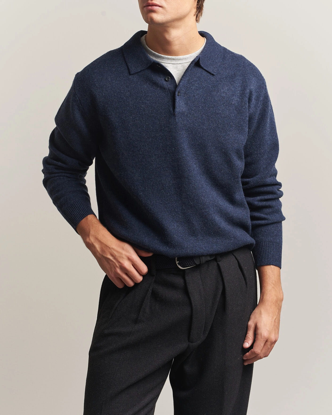 Herr | Tröjor | BEAMS PLUS | Knitted Wool Polo Navy