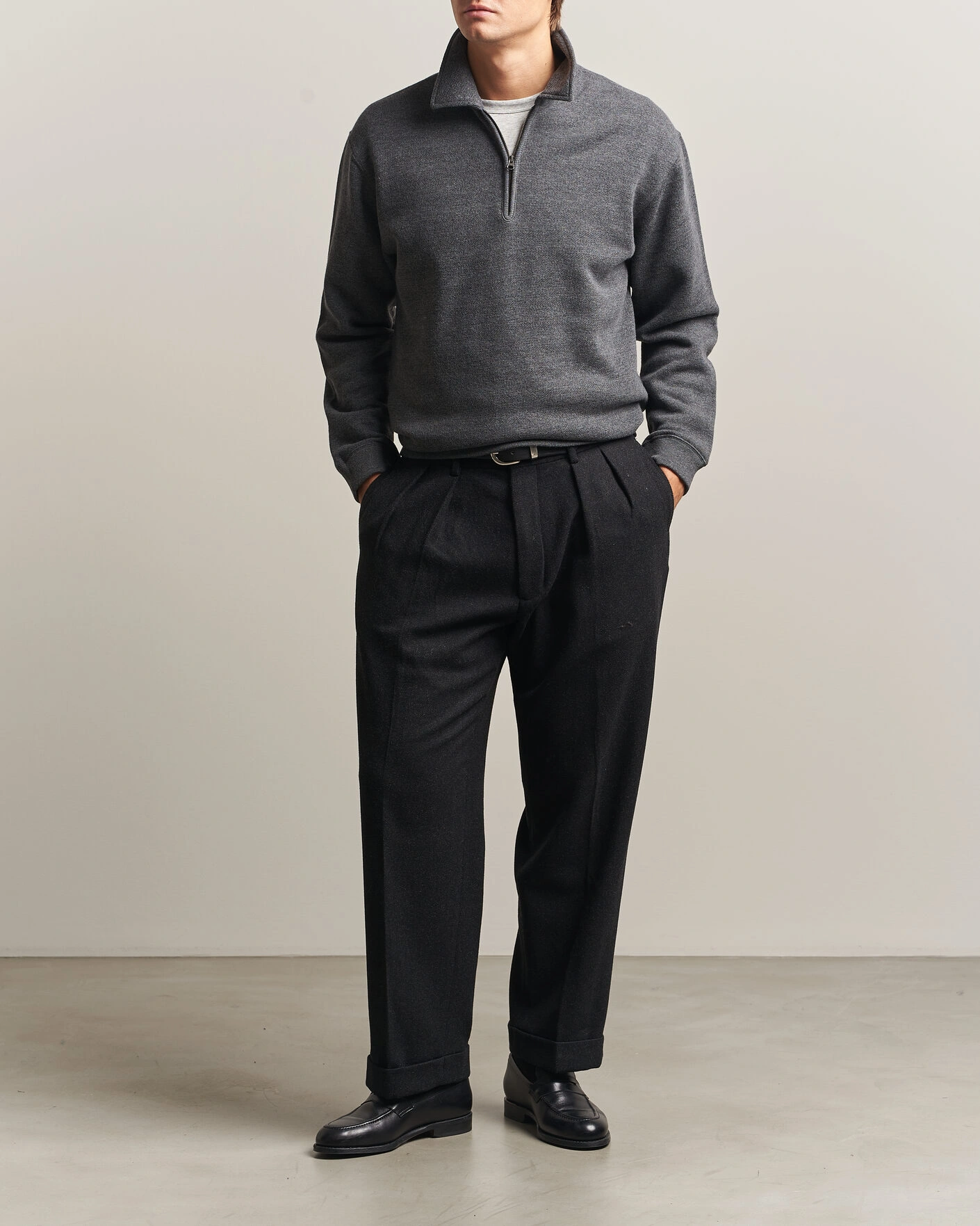 Herr | Tröjor | BEAMS PLUS | Wool/Cotton Half Zip Charcoal