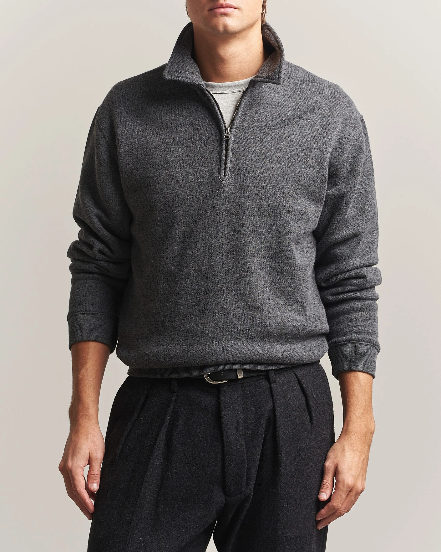 Herr | Tröjor | BEAMS PLUS | Wool/Cotton Half Zip Charcoal