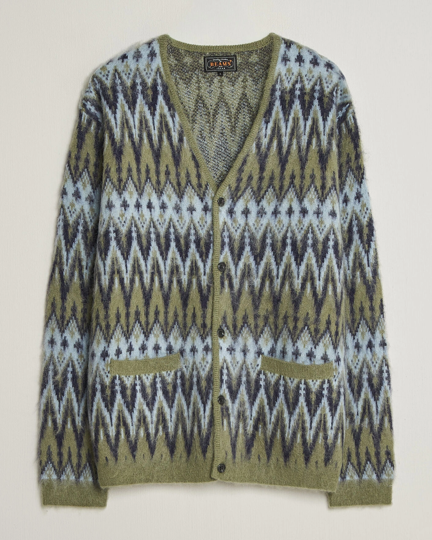 Herr | Tröjor | BEAMS PLUS | Chevron Jacquard Cardigan Green/Grey