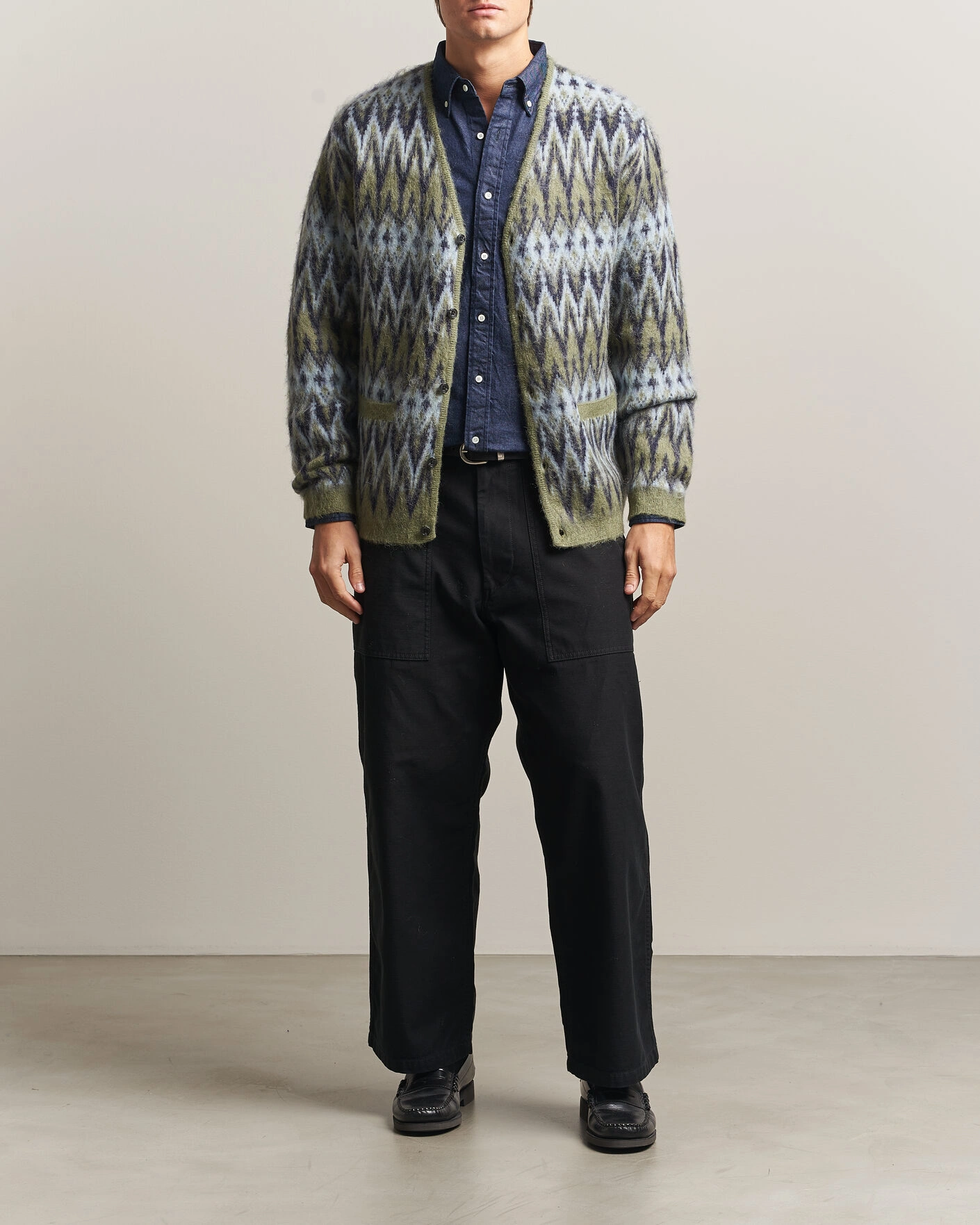 Herr | Tröjor | BEAMS PLUS | Chevron Jacquard Cardigan Green/Grey