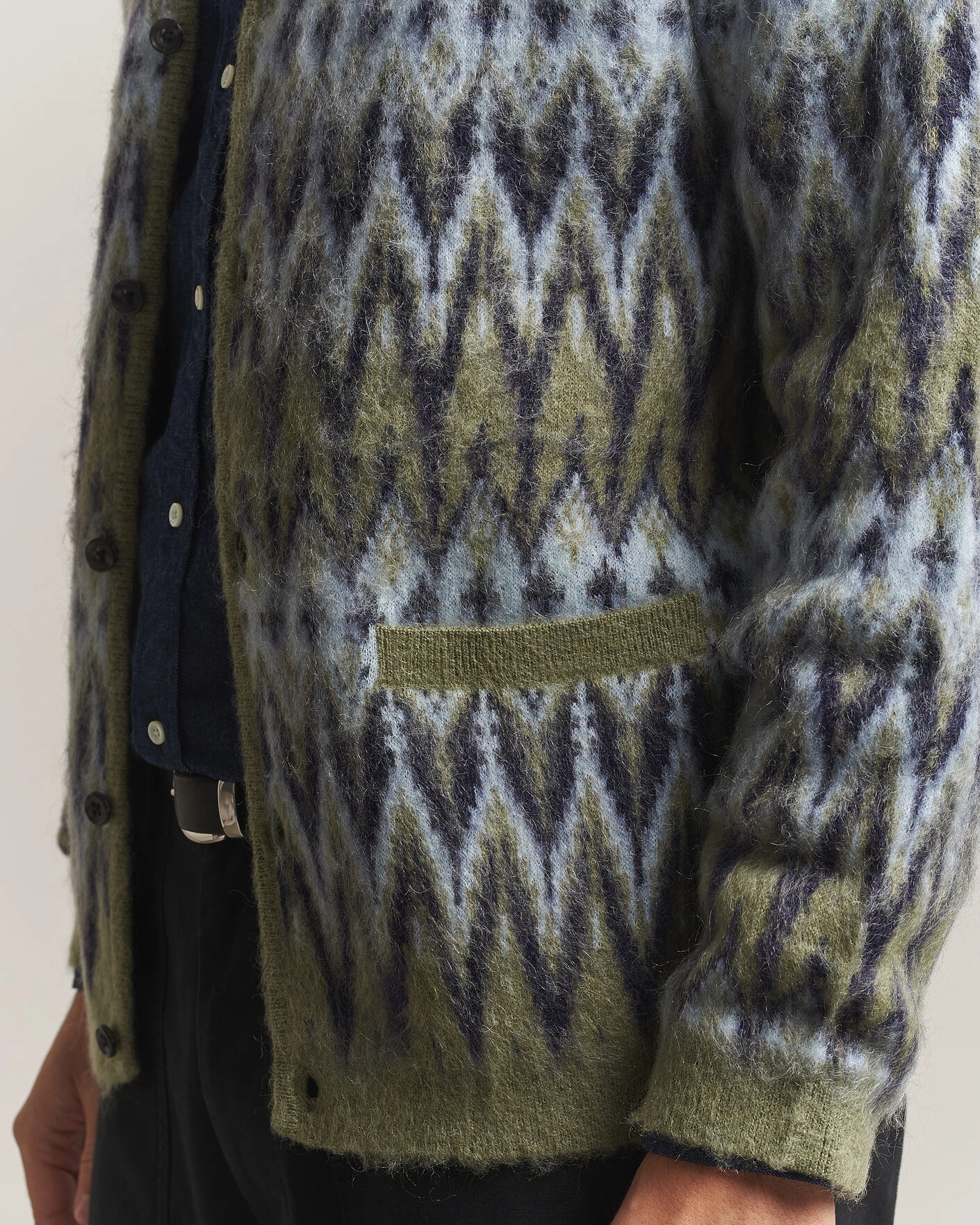 Herr | Tröjor | BEAMS PLUS | Chevron Jacquard Cardigan Green/Grey