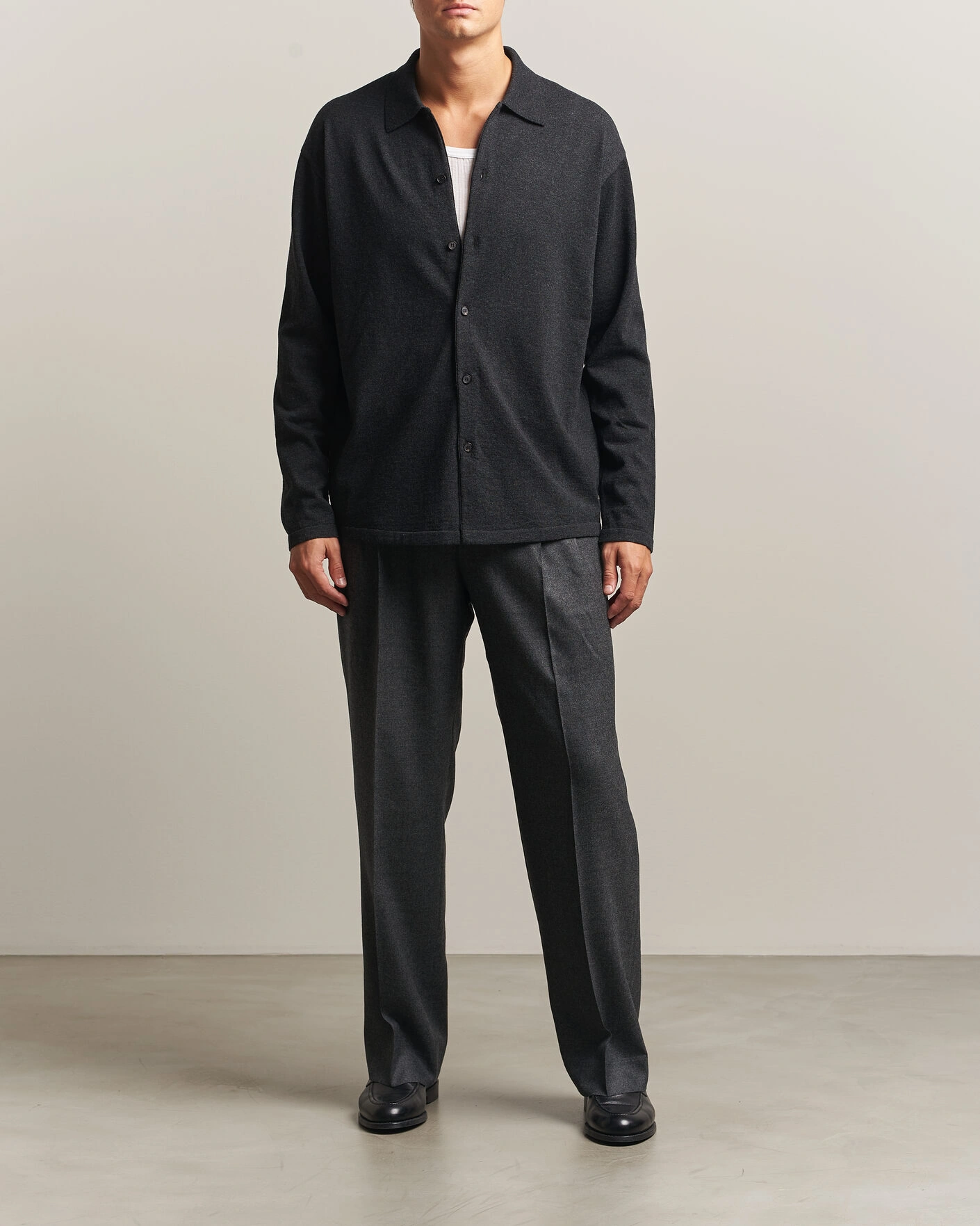 Herr | Tröjor | Auralee | High Twist Wool Knit Shirt Cardigan Charcoal