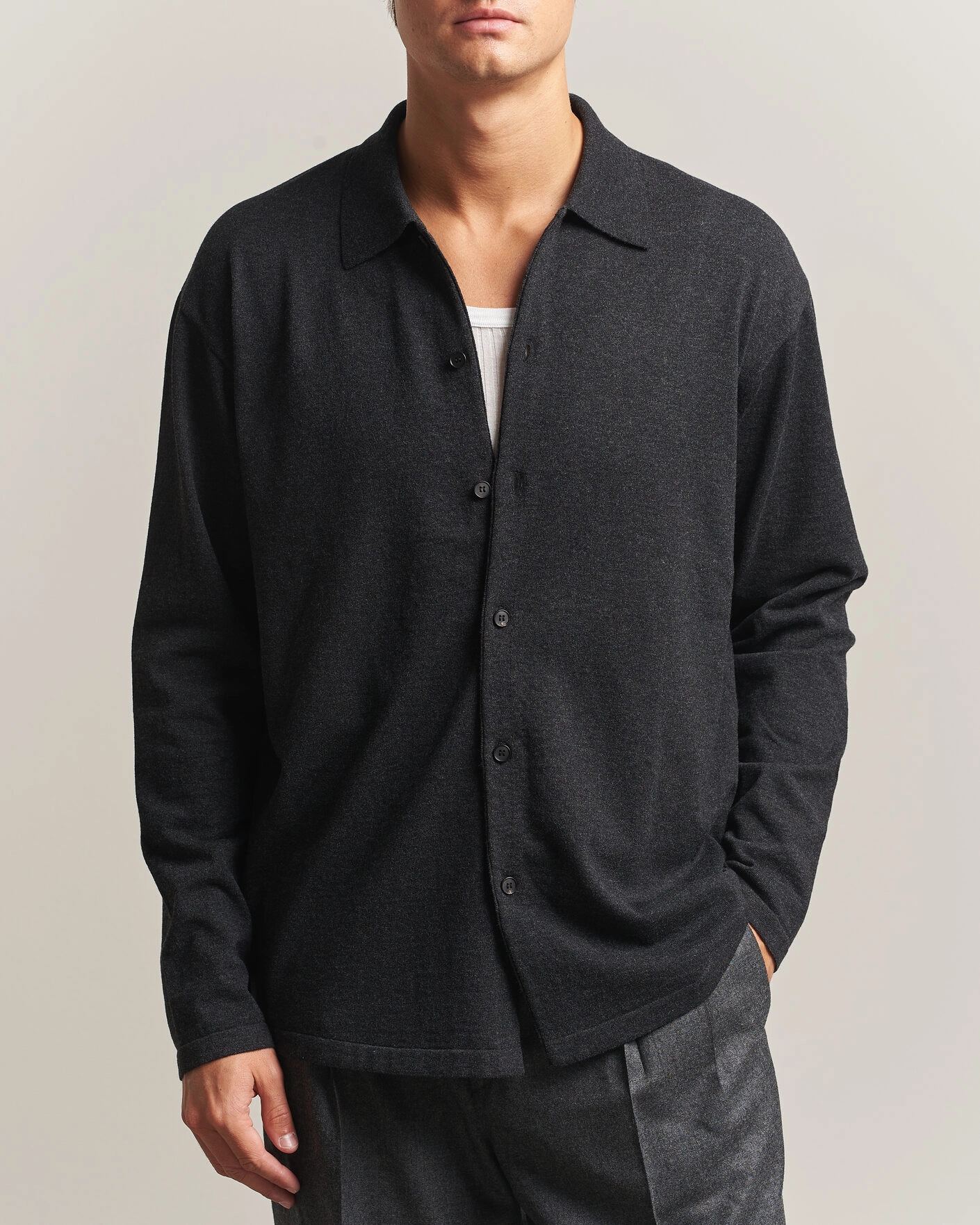 Herr | Tröjor | Auralee | High Twist Wool Knit Shirt Cardigan Charcoal