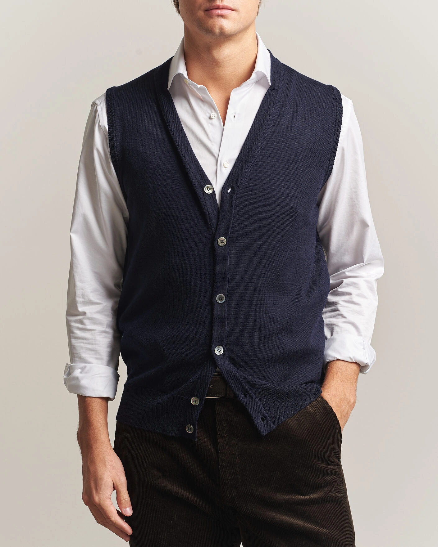 Herr | Tröjor | Morgano | Extra Fine Merino Wool Sleevles Cardigan Vest Navy