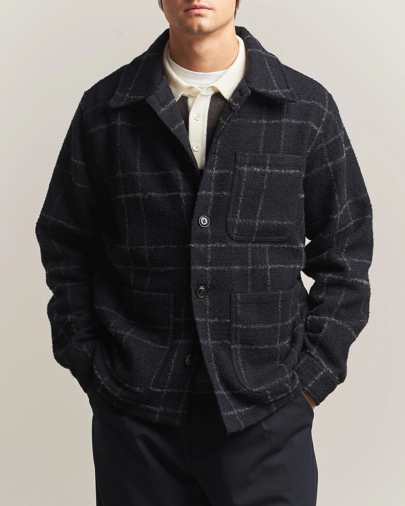 Herr | Skjortor | A Day's March | Algot Wool Checked Overshirt Navy