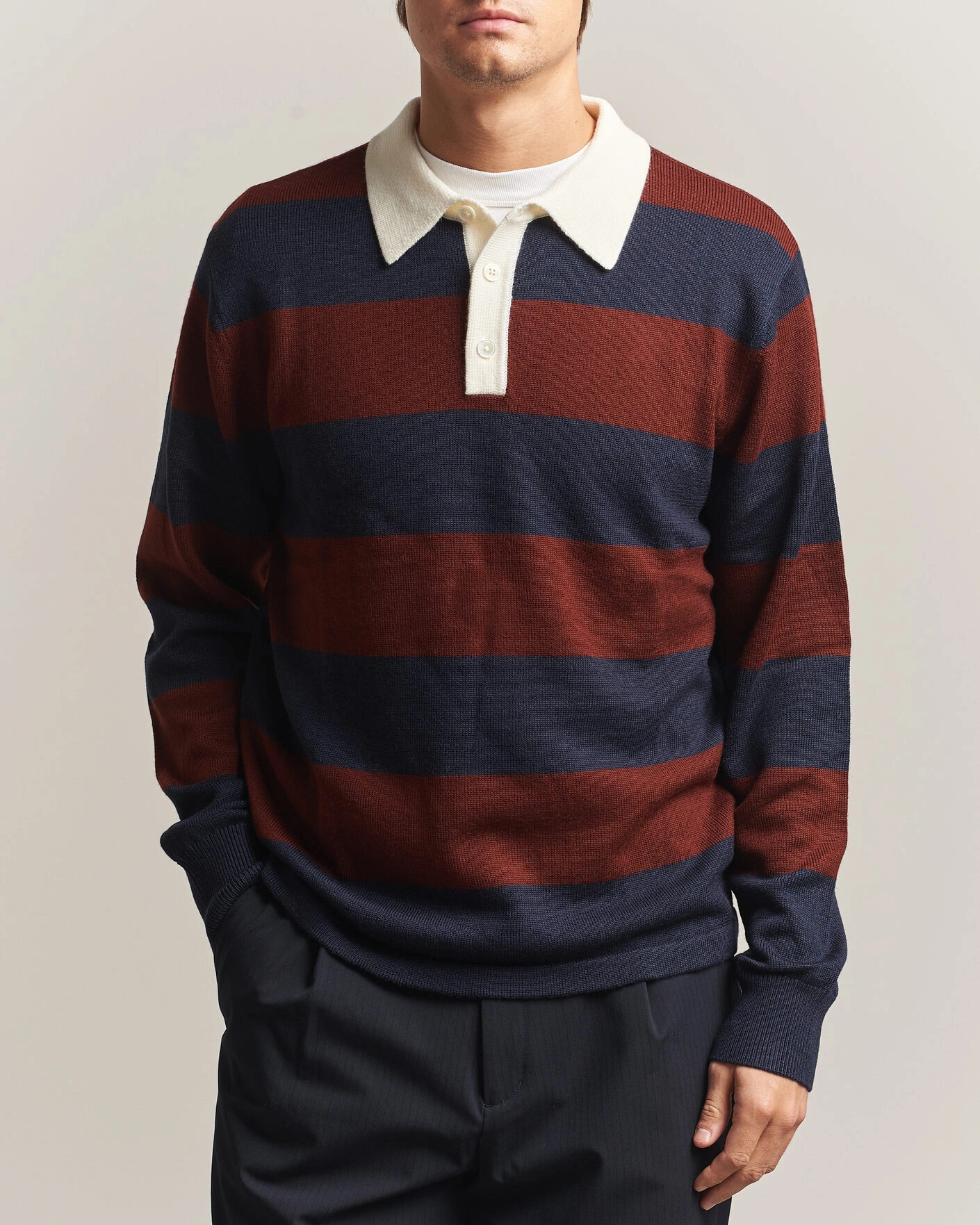 Herr | Tröjor | A Day's March | Kenny Striped Merino Rugby Sweater Rust/Navy