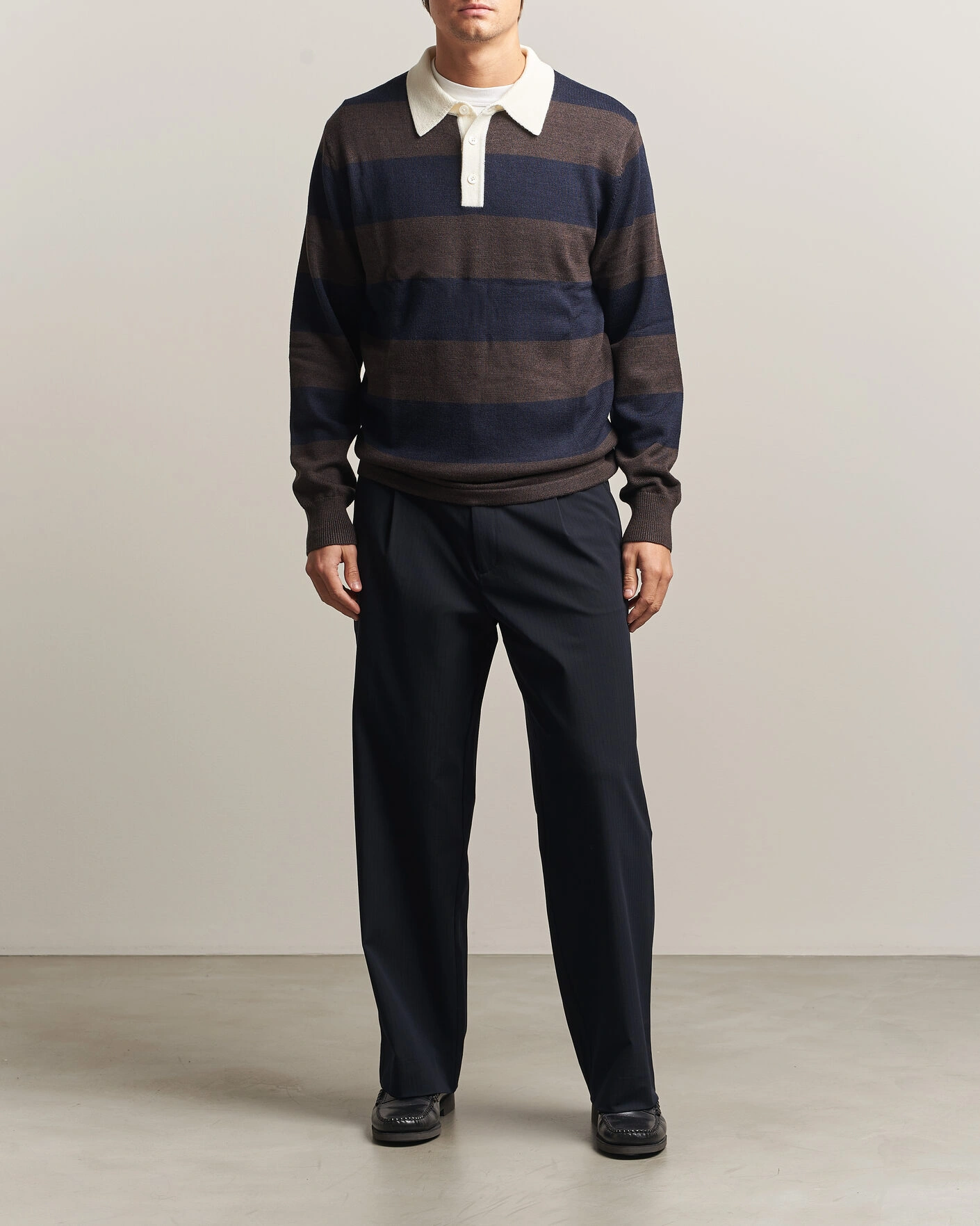 Herr | Tröjor | A Day's March | Kenny Striped Merino Rugby Sweater Brown/Navy