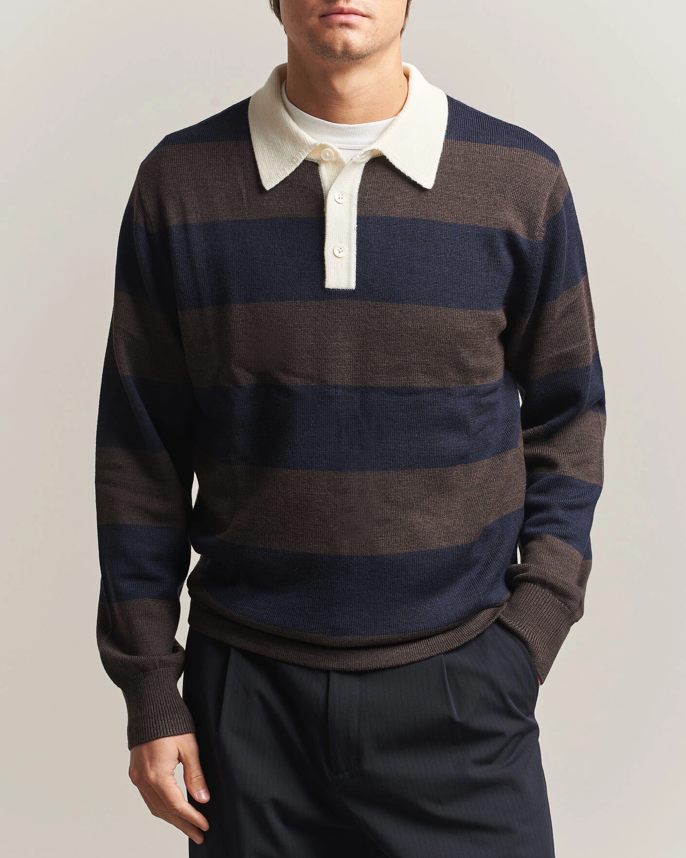 Herr | Tröjor | A Day's March | Kenny Striped Merino Rugby Sweater Brown/Navy