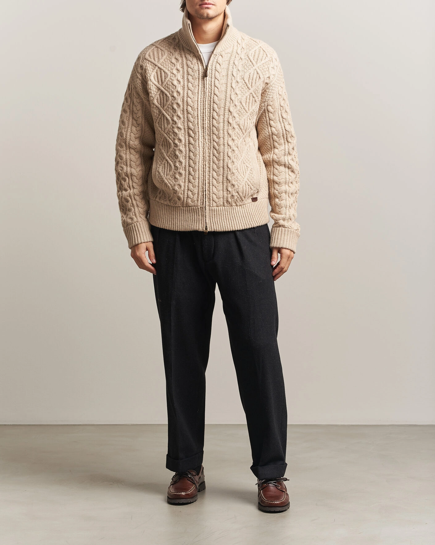 Herr | Tröjor | Polo Ralph Lauren | Wool/Alpaca Aran Full-Zip Jicama Brown Heather