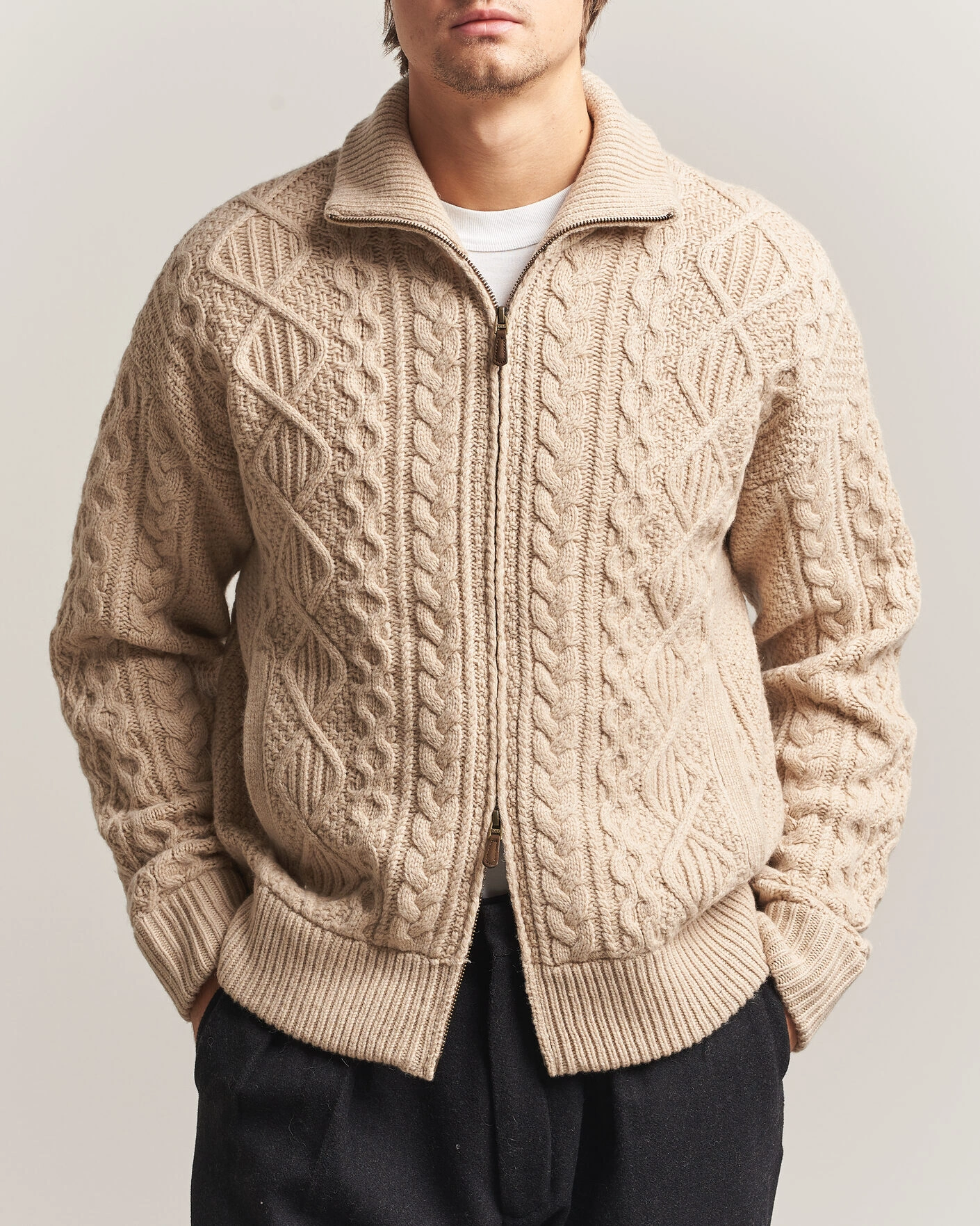 Herr | Tröjor | Polo Ralph Lauren | Wool/Alpaca Aran Full-Zip Jicama Brown Heather