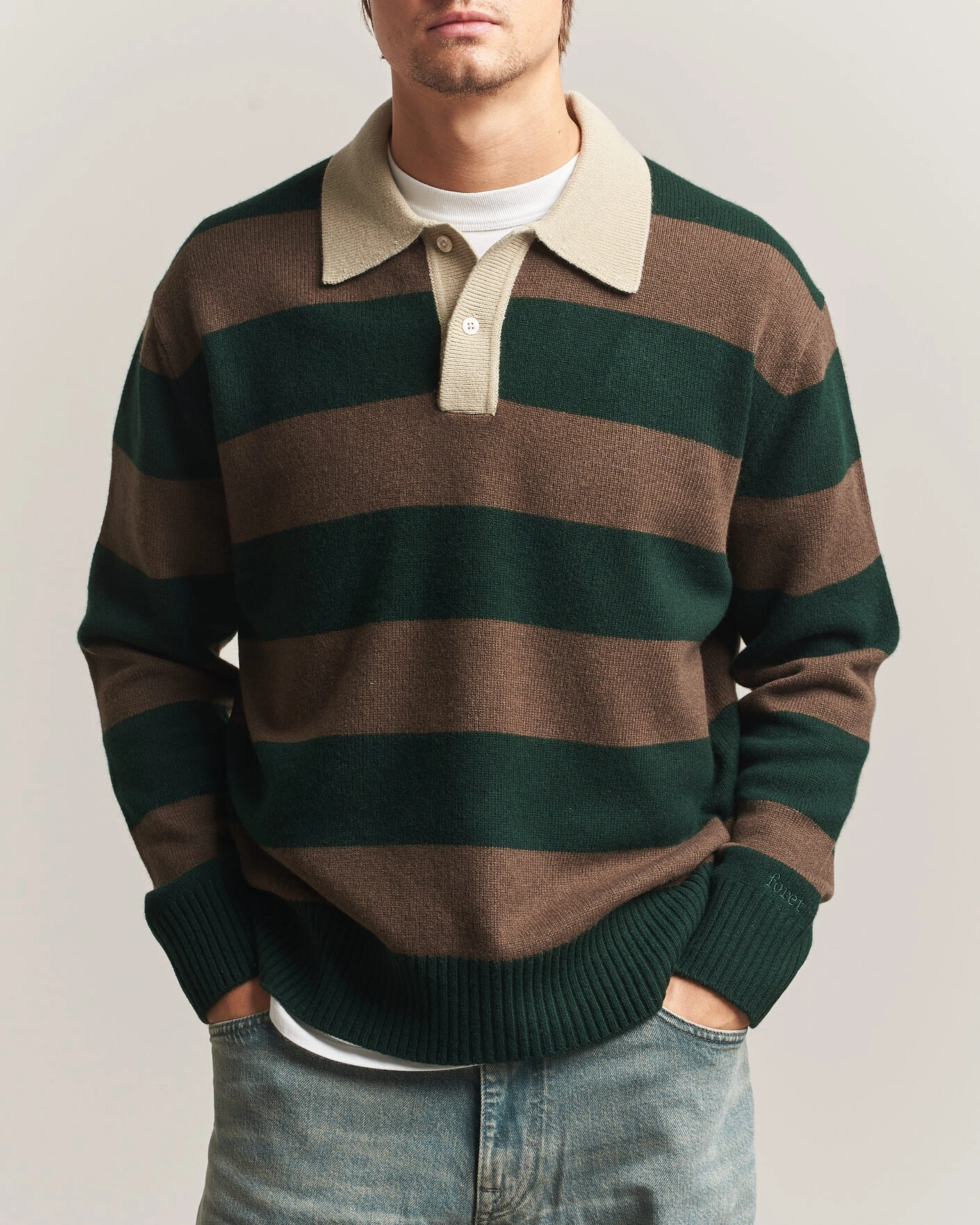 Herr | Tröjor | Forét | Frost Stripe Knit Polo Deep Green