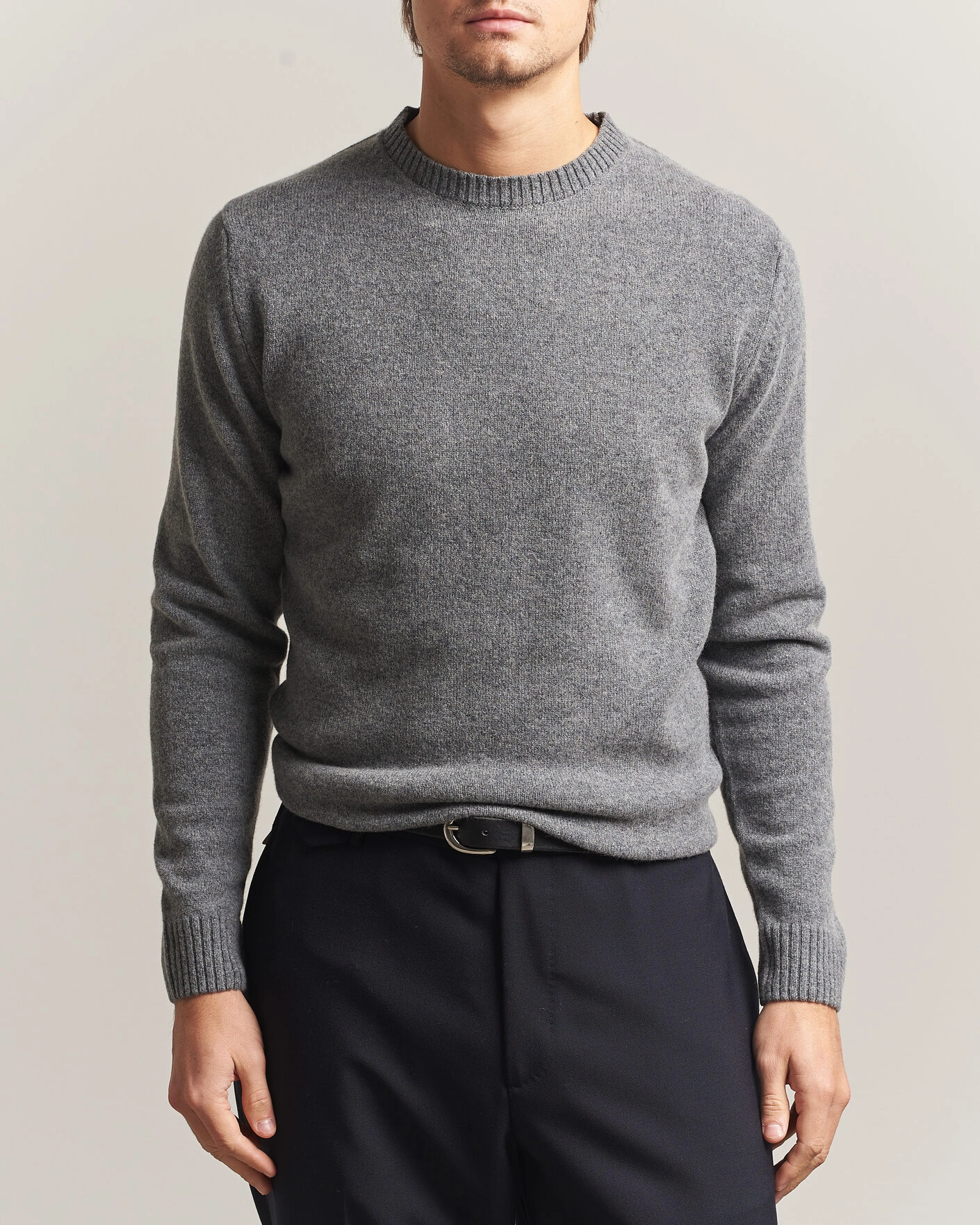 Herr | Tröjor | Stenströms | Knitted Lambswool Crew Neck Mid Grey Melange
