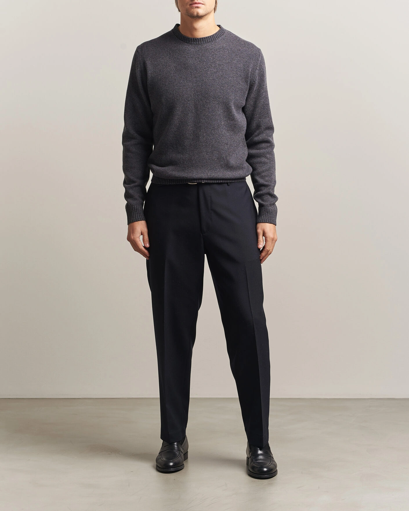 Herr | Tröjor | Stenströms | Knitted Lambswool Crew Neck Dark Grey Melange