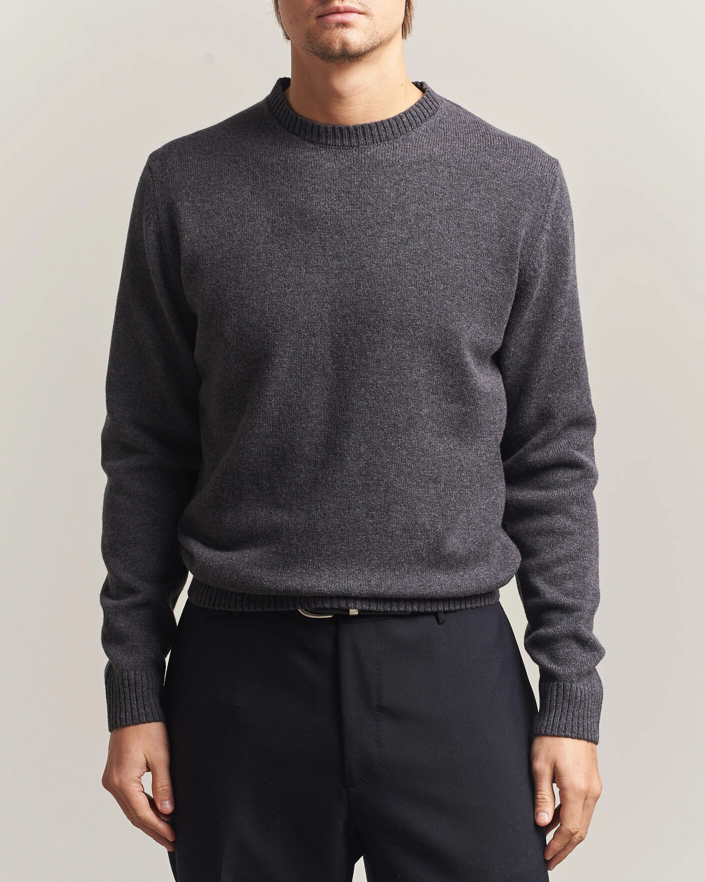 Herr | Tröjor | Stenströms | Knitted Lambswool Crew Neck Dark Grey Melange