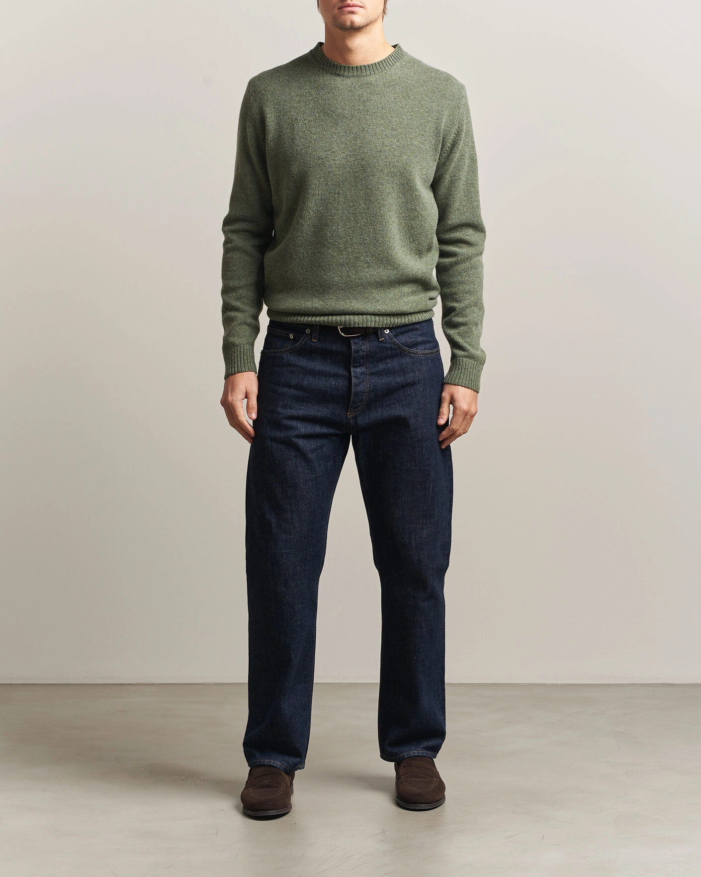 Herr | Tröjor | Stenströms | Knitted Lambswool Crew Neck Light Army Green Melange