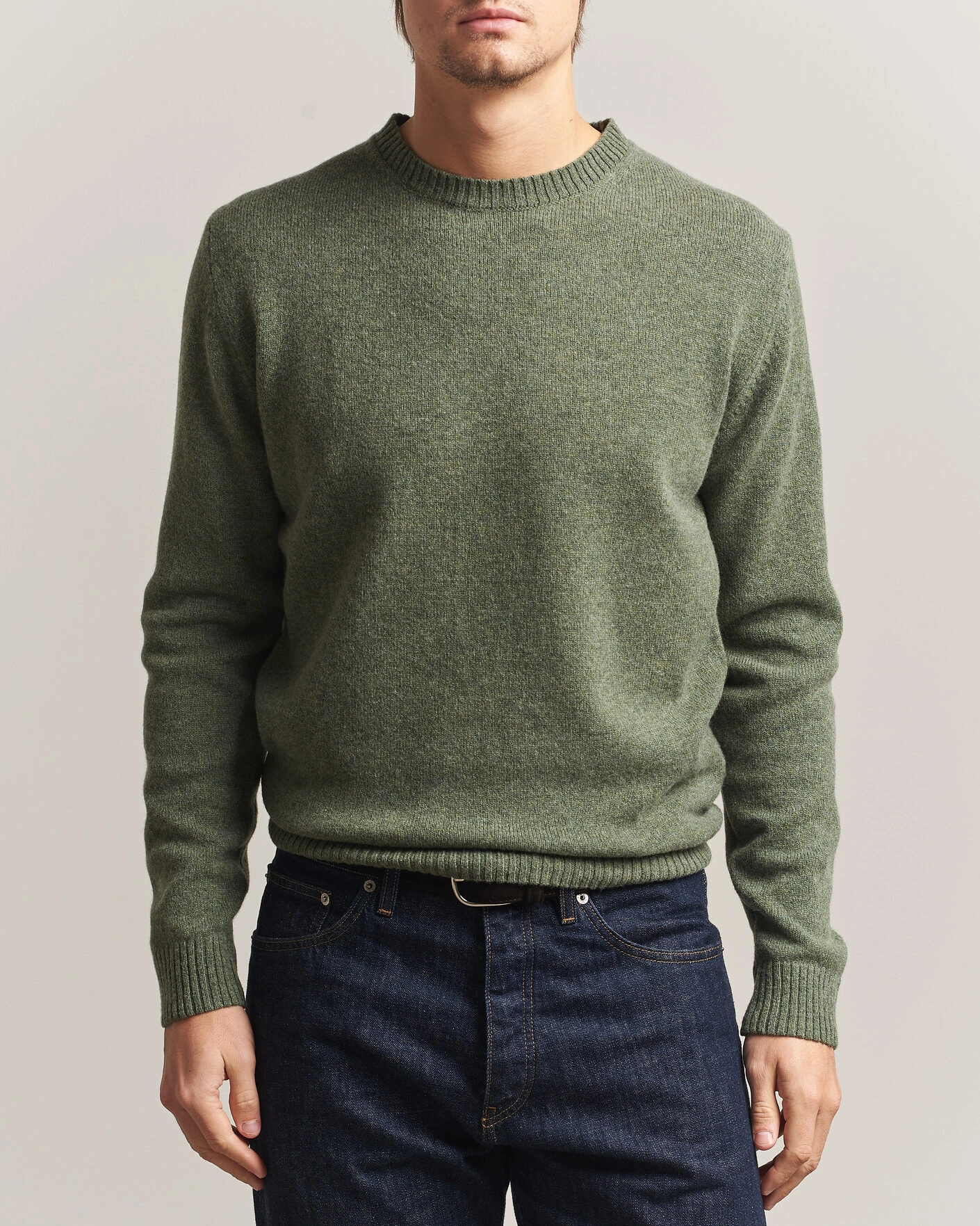 Herr | Tröjor | Stenströms | Knitted Lambswool Crew Neck Light Army Green Melange