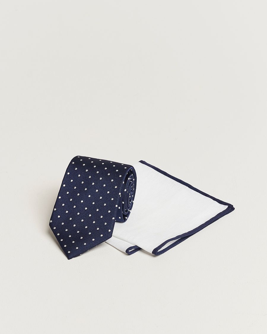 Herr | Slipsar | Amanda Christensen | Set Tie & Pocket Square Navy/White