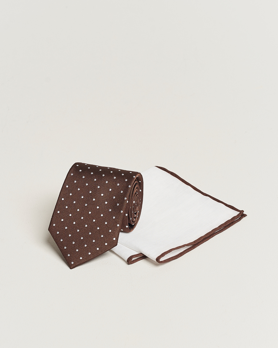 Herr | Slipsar | Amanda Christensen | Set Tie & Pocket Square Brown/White
