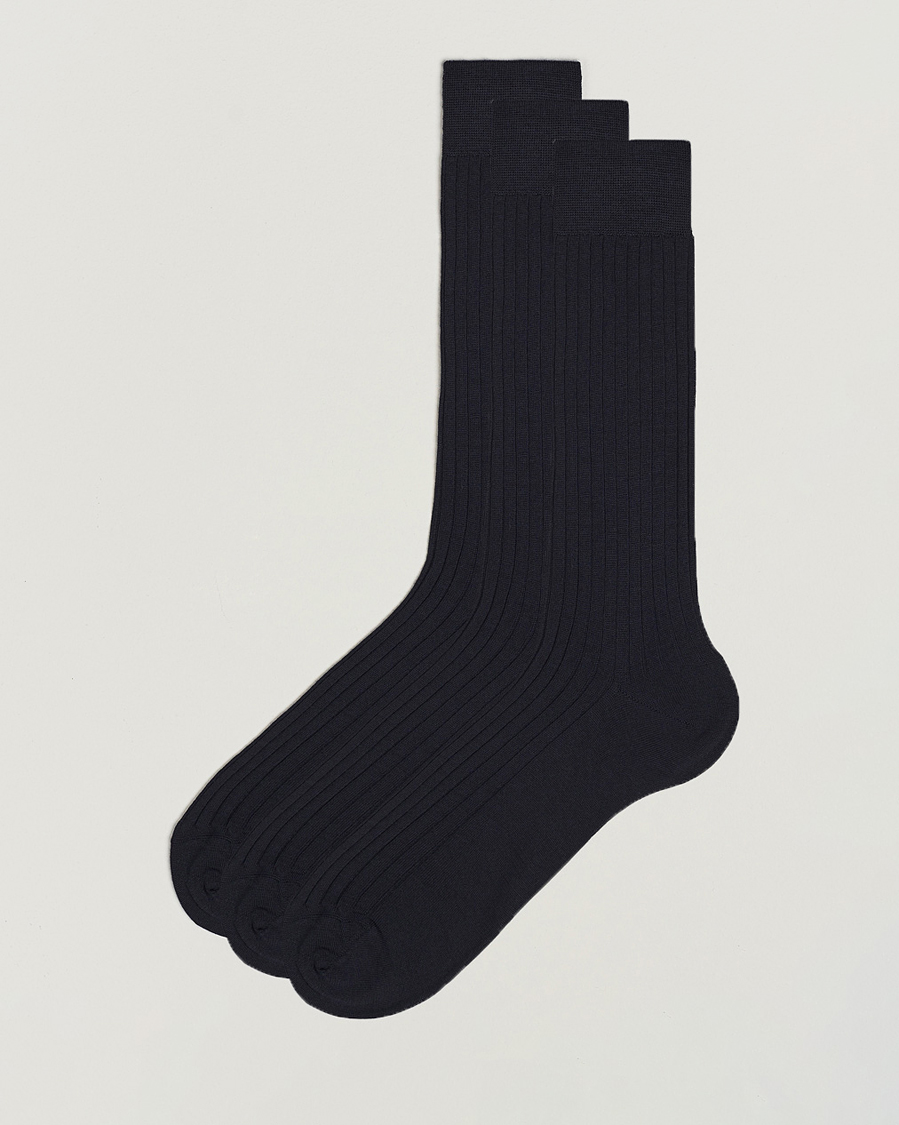 Herr | Underkläder | Bresciani | 3-pack Wool/Nylon Ribbed Short Socks Navy
