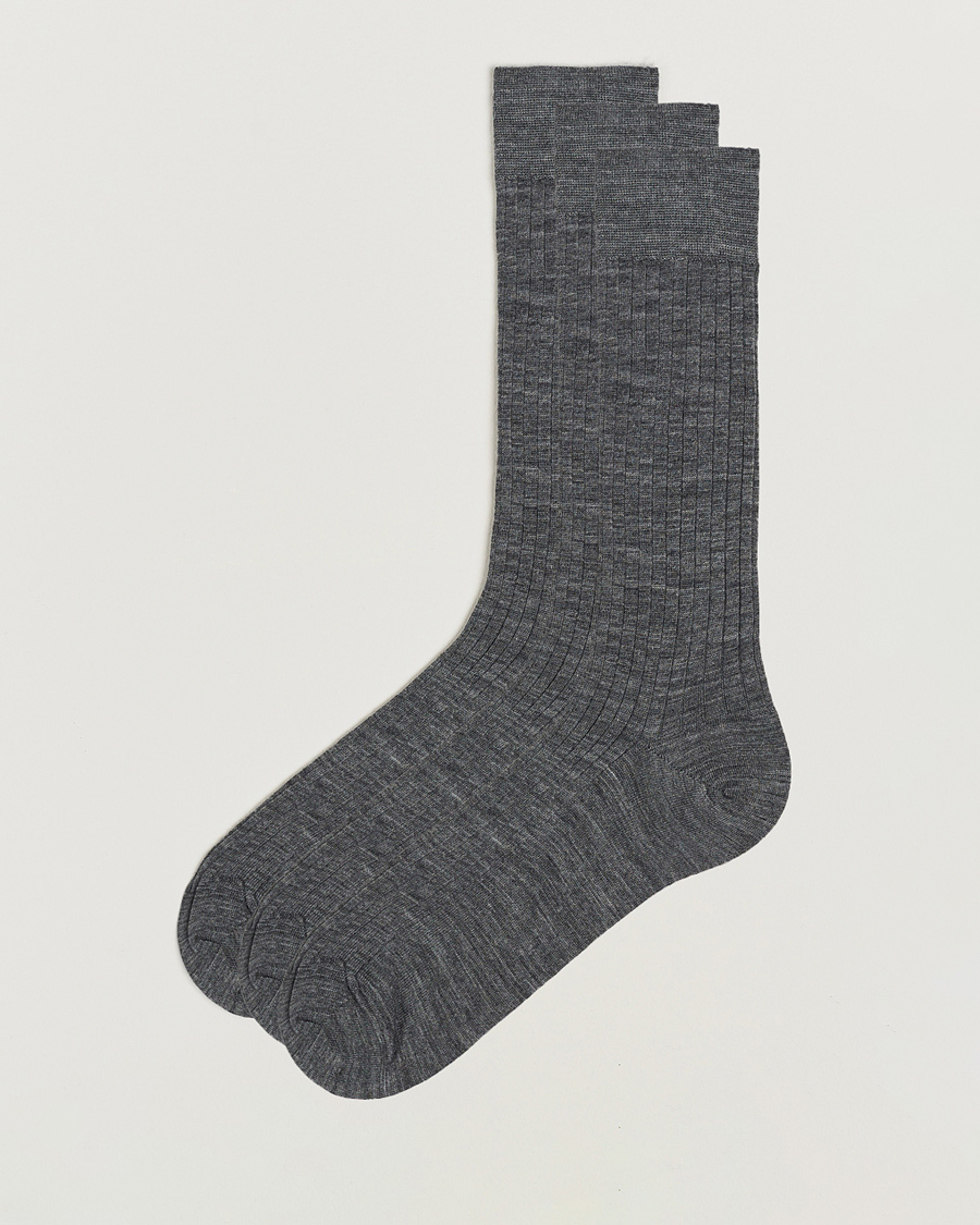 Herr | Underkläder | Bresciani | 3-pack Wool/Nylon Ribbed Short Socks Medium Grey