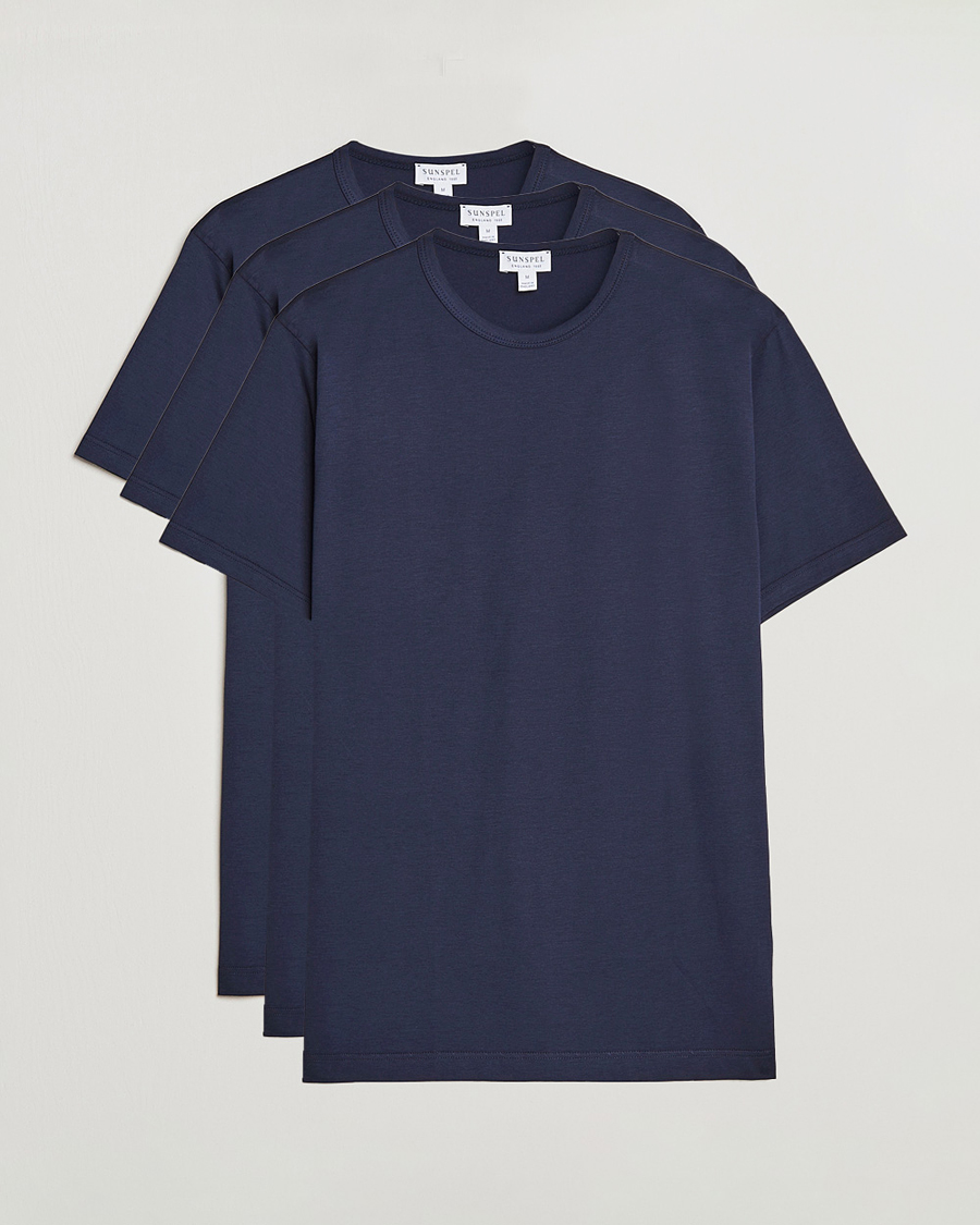 Herr | T-Shirts | Sunspel | 3-Pack Crew Neck Q82 Cotton T-Shirt Navy