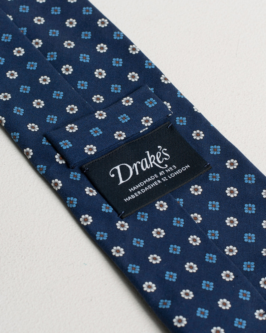 Herr | Pre-owned | Pre-owned | Drake's Silk Printed Flower 8 cm Tie Navy