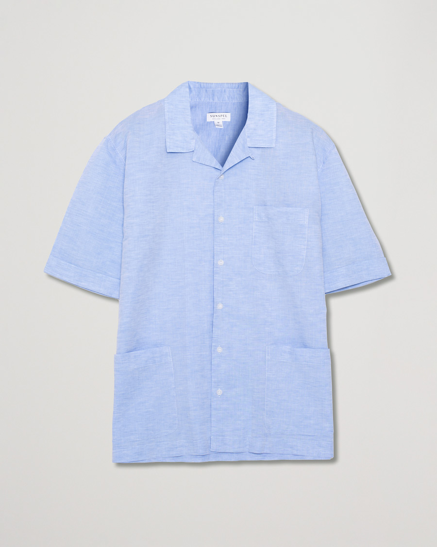 Herr | Sunspel Short Sleeve Melange Camp Collar Shirt Blue Linen | Pre-owned | Sunspel Short Sleeve Melange Camp Collar Shirt Blue Linen
