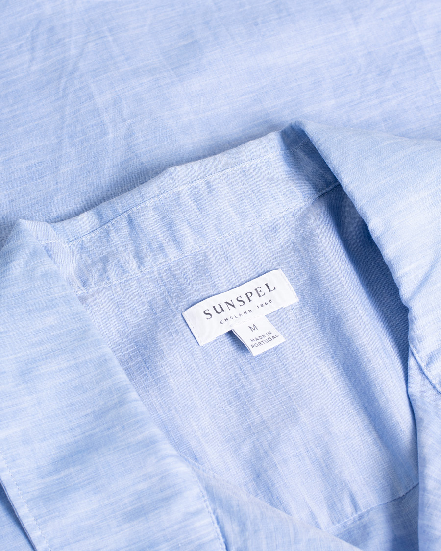 Herr | Sunspel Short Sleeve Melange Camp Collar Shirt Blue Linen | Pre-owned | Sunspel Short Sleeve Melange Camp Collar Shirt Blue Linen