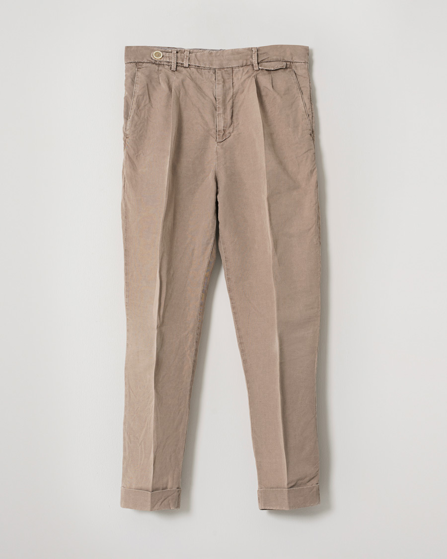 Herr | Brunello Cucinelli Slim Fit Cotton/linen Pleated Trousers Brown | Pre-owned | Brunello Cucinelli Slim Fit Cotton/linen Pleated Trousers Brown