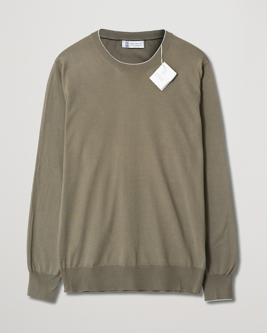 Herr | Brunello Cucinelli Crew Neck Cotton Contrast Pullover Olive Green | Pre-owned | Brunello Cucinelli Crew Neck Cotton Contrast Pullover Olive Green