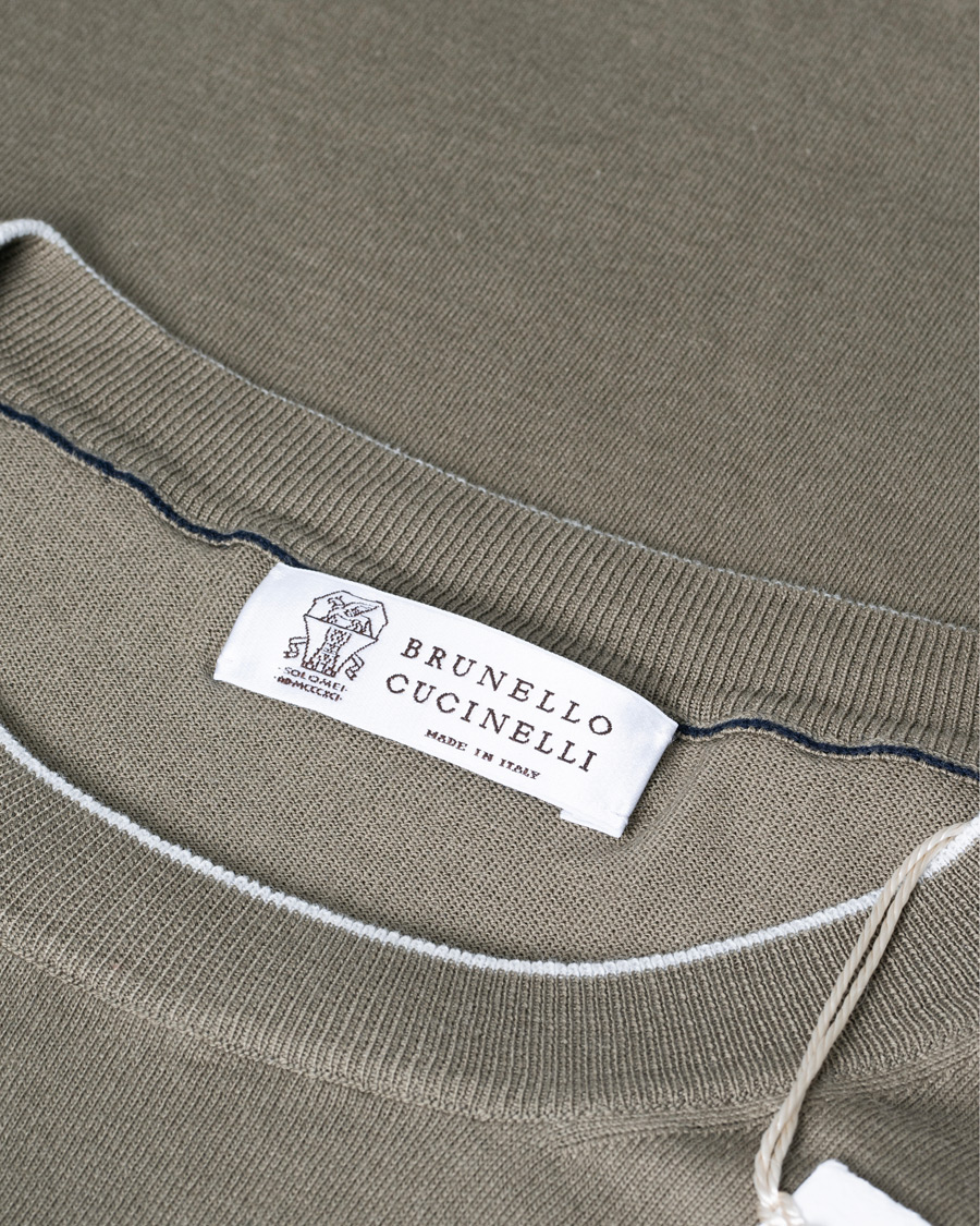 Herr | Brunello Cucinelli Crew Neck Cotton Contrast Pullover Olive Green | Pre-owned | Brunello Cucinelli Crew Neck Cotton Contrast Pullover Olive Green