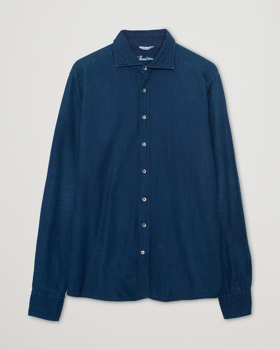Herr | Stenströms Slimline Washed Structured Denim Shirt Indigo Blue | Pre-owned | Stenströms Slimline Washed Structured Denim Shirt Indigo Blue