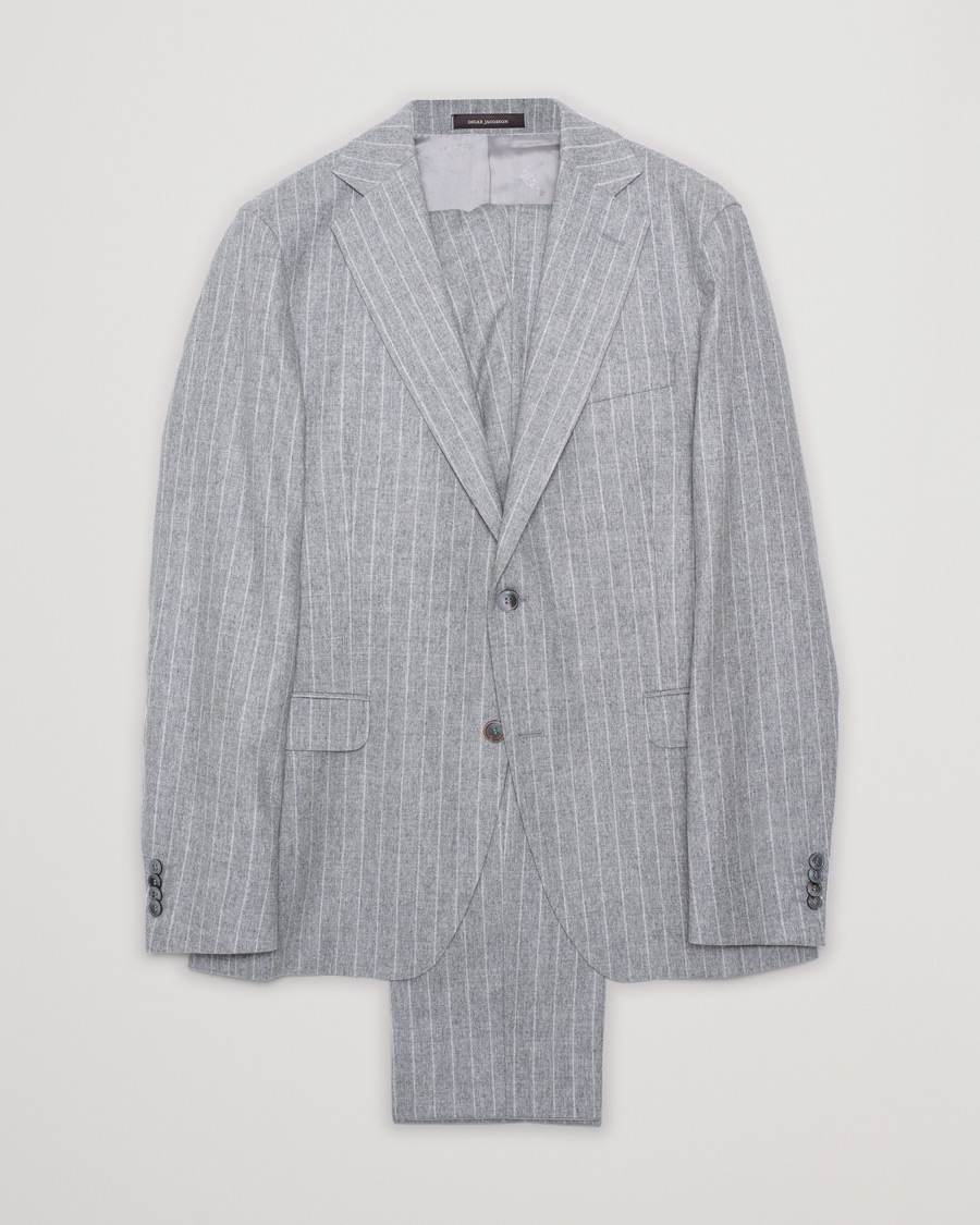 Herr | Oscar Jacobson Ego Pinstripe Wool Flannel Suit Grey Melange | Pre-owned | Oscar Jacobson Ego Pinstripe Wool Flannel Suit Grey Melange