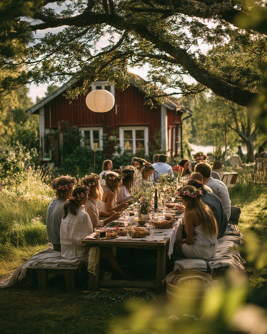 AI-genererad bild på midsommarfirande vid dukat bord