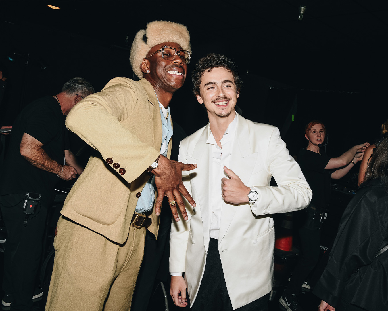 Tyler the Creator and Timothée Chalamet backstage.